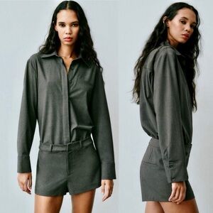 Zara Charcoal Gray Shirt-Style Jumpsuit Shorts Romper Size M New Without Tag